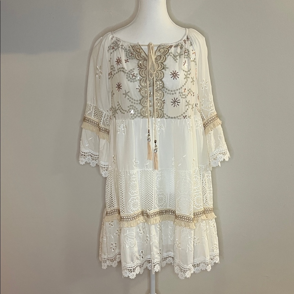 Cream Embroidered Boho Dress
